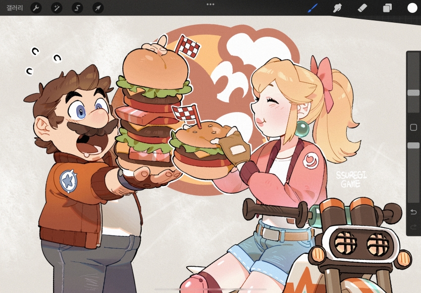 1boy, 1girl, :o, ^_^, arm_hair, art_program_in_frame, artist_name, belt, belt_buckle, blonde_hair, blue_eyes, blue_pants, blue_shorts, bow, brown_belt, brown_gloves, brown_hair, buckle, burger, closed_eyes, commentary_request, drooling, fingerless_gloves, food, gloves, hair_bow, highres, holding, holding_burger, holding_food, jacket, knee_pads, korean_commentary, mario, mario_(series), mario_(touring), mario_kart, mario_kart_world, motor_vehicle, motorcycle, nintendo, open_mouth, pants, pink_bow, pink_jacket, ponytail, princess_peach, princess_peach_(touring), procreate_(medium), puffy_cheeks, red_jacket, shirt, short_hair, shorts, sidelocks, sitting, ssuregigame, watch, white_shirt, wristwatch, yoshi