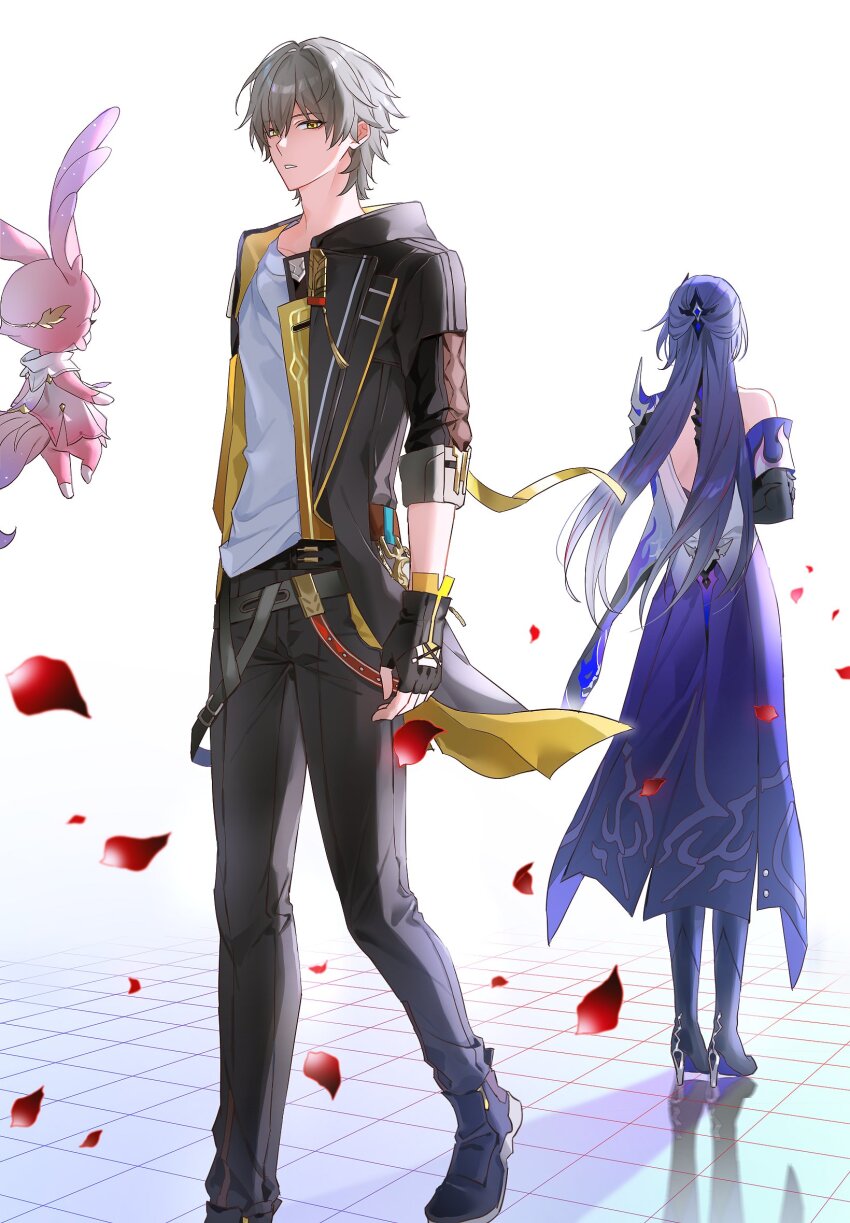 0p78xopwsj83779, 1boy, 1girl, acheron_(honkai:_star_rail), black_gloves, black_jacket, black_pants, boots