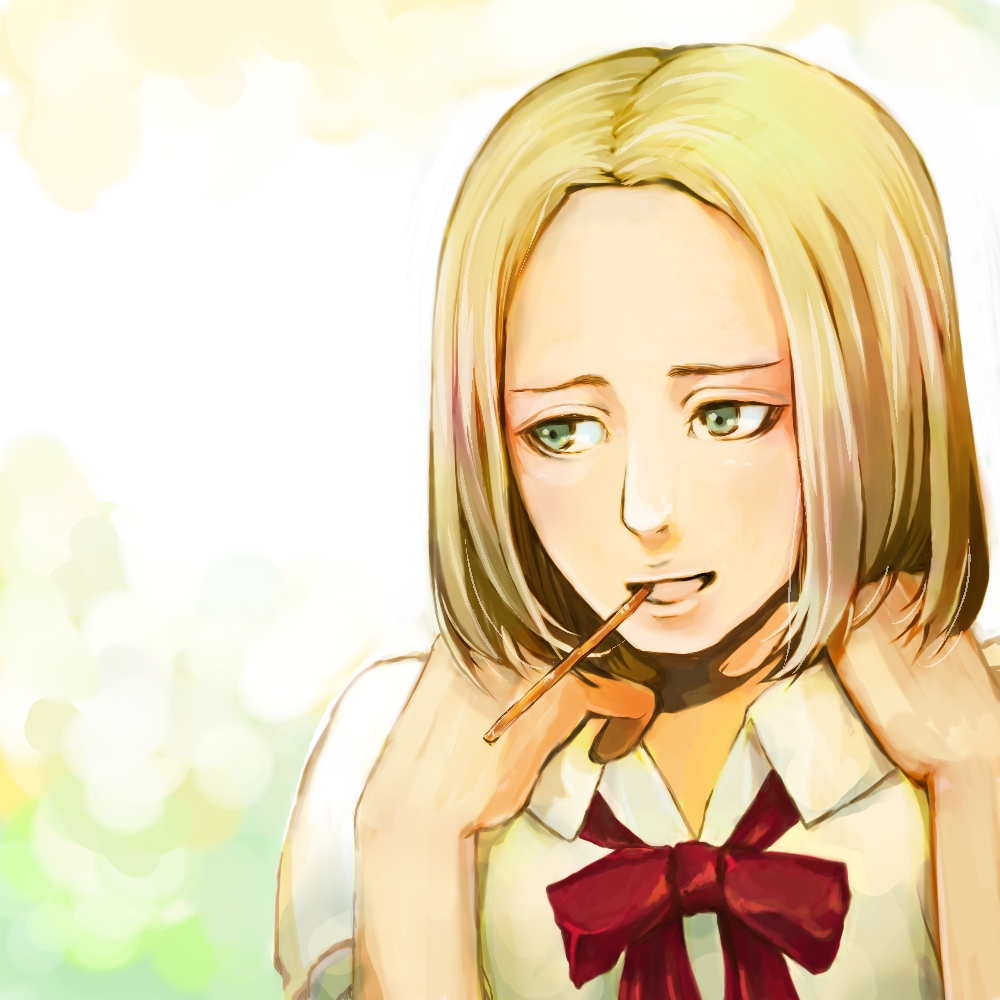 1girl, axis_powers_hetalia, blonde_hair, female_focus, food, green_eyes, kadowaki_subaru, looking_away