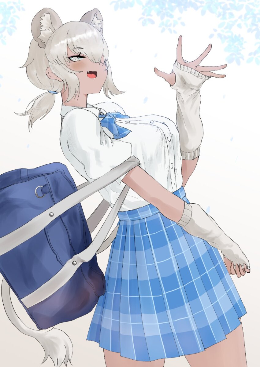 1girl, animal_ears, bag, blue_bow, blue_bowtie, blue_sky, blush, bow