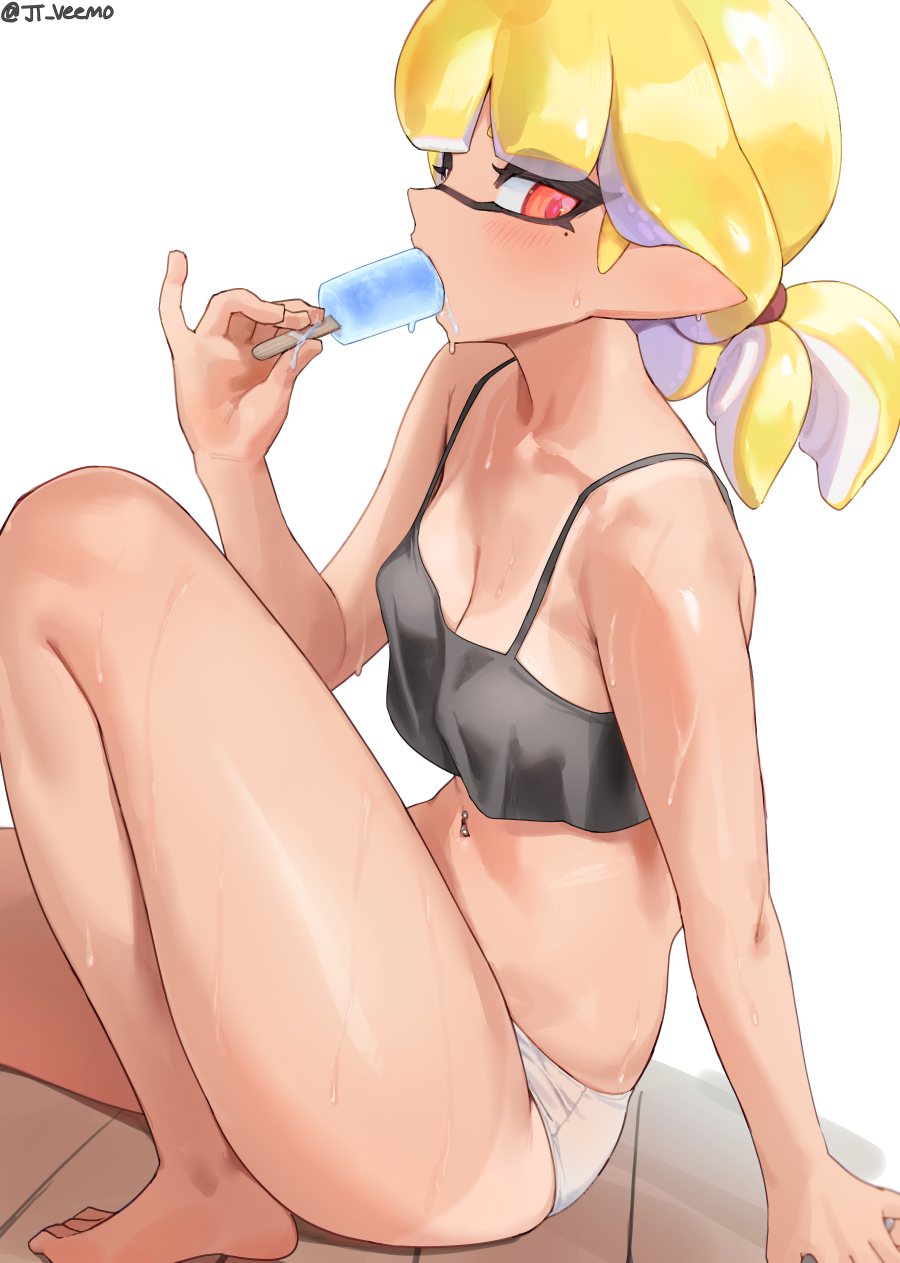 1girl, agent_4_(splatoon), blonde_hair, breasts, cleavage, commentary, crop_top, food