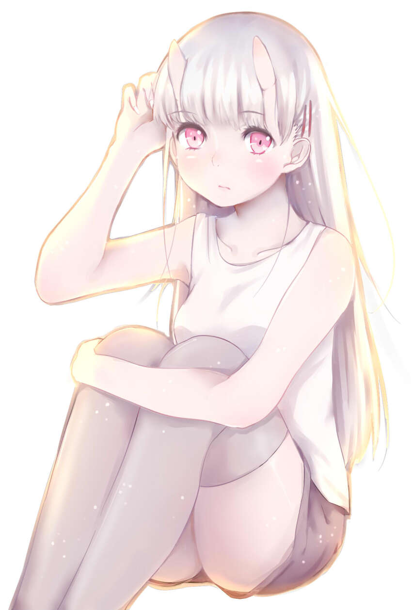 1girl, bare_arms, black_shorts, closed_mouth, collarbone, expressionless, feet_out_of_frame, grey_thighhighs, hair_between_horns, hair_ornament, hairclip, hand_in_own_hair, hand_up, highres, horns, hugging_legs, knees_up, legs_together, light_blush, long_hair, looking_at_viewer, oni, original, pink_eyes, shirt, shorts, simple_background, sitting, skin-covered_horns, sleeveless, sleeveless_shirt, solo, straight_hair, suzuki_moeko, thighhighs, white_background, white_hair, white_shirt