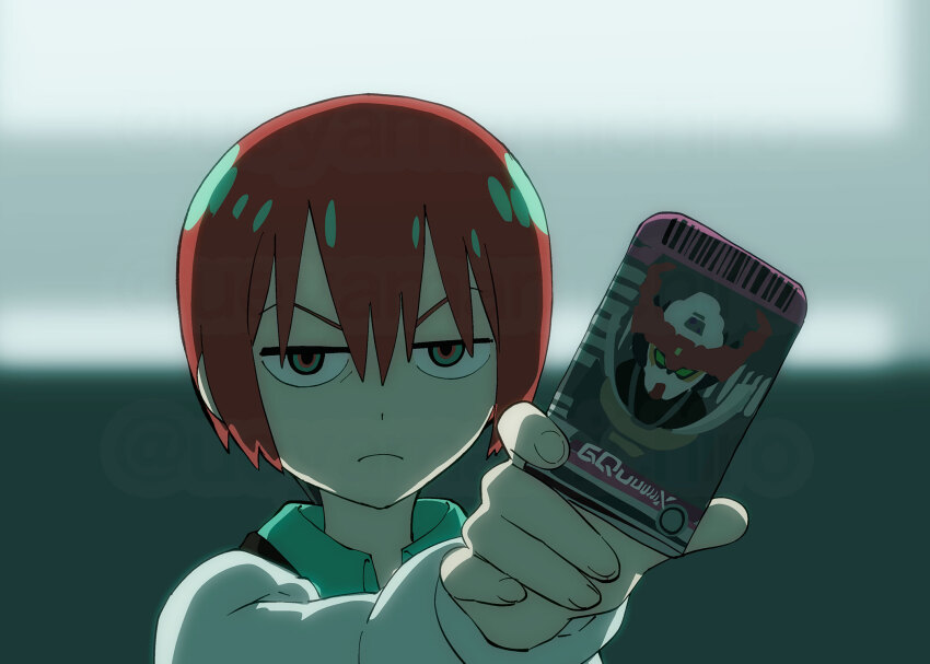 1girl, amate_yuzuriha, aqua_eyes, aqua_shirt, closed_mouth, collared_shirt, gquuuuuux, green_eyes, gundam, gundam_gquuuuuux, henshin, henshin_pose, highres, holding, kamen_rider, kamen_rider_dcd, long_sleeves, looking_at_viewer, mecha, mobile_suit, necktie, parody, red_hair, rider_card, robot, school_uniform, science_fiction, shirt, short_hair, solo, sweater, tokusatsu, ueyama_michirou, v-fin, zooming_in