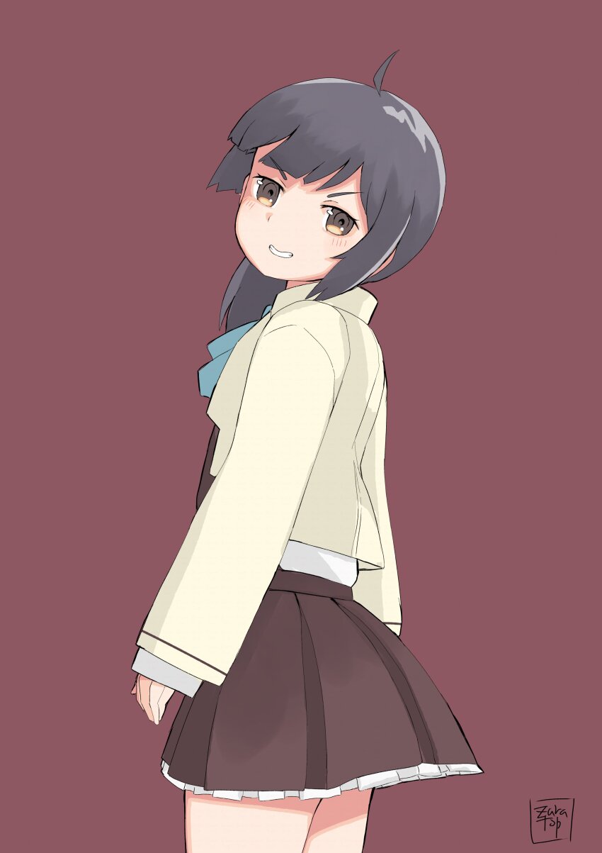 1girl, absurdres, ahoge, artist_logo, black_hair, blazer, bow, bowtie