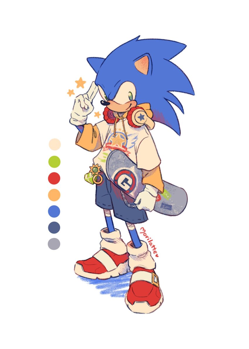 1boy, alternate_costume, blue_eyes, chaos_emerald, charm_(object), closed_mouth, color_guide, commentary