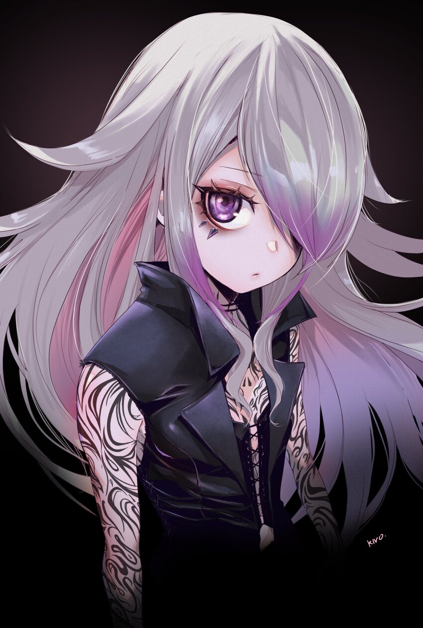 1girl, absurdres, arm_tattoo, black_jacket, breasts, chest_tattoo, cosplay, cross-laced_clothes, cross-laced_top, devil_may_cry_(series), devil_may_cry_5, gradient_hair, grey_hair, highres, hololive, hololive_english, jacket, kivo, koseki_bijou, long_hair, multicolored_hair, purple_eyes, purple_hair, sleeveless, sleeveless_jacket, small_breasts, solo, tattoo, v_(devil_may_cry), v_(devil_may_cry)_(cosplay), virtual_youtuber