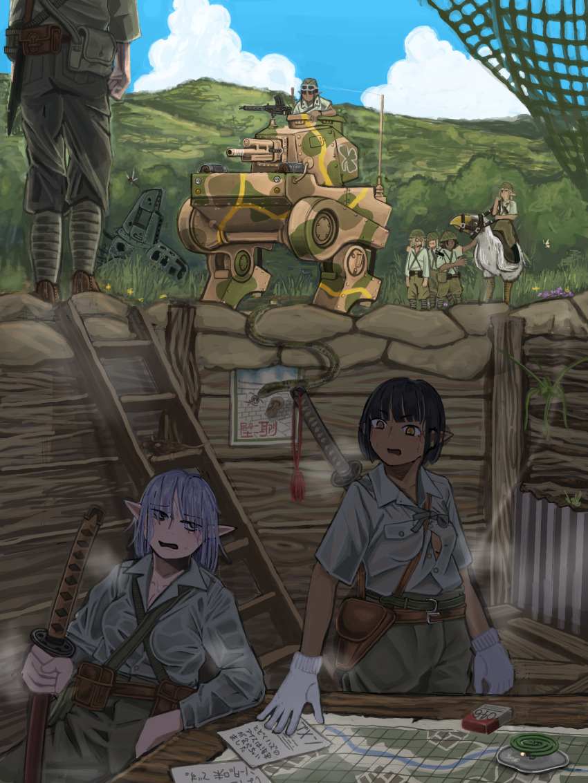 6+girls, alternate_universe, camouflage, cavalry, dark_elf, elf, gun, guntou, highres, imperial_japanese_army, machine_gun, mecha, military_uniform, multiple_girls, original, pointy_ears, robot, steaming_body, trench, type_99_light_machine_gun, user_udzw5885, weapon, world_war_ii