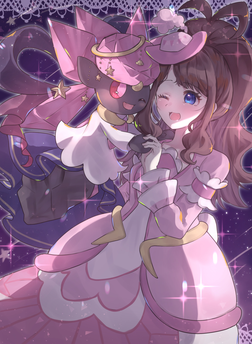 1girl, ;d, absurdres, antenna_hair, blue_eyes, brown_hair, commentary_request, diancie