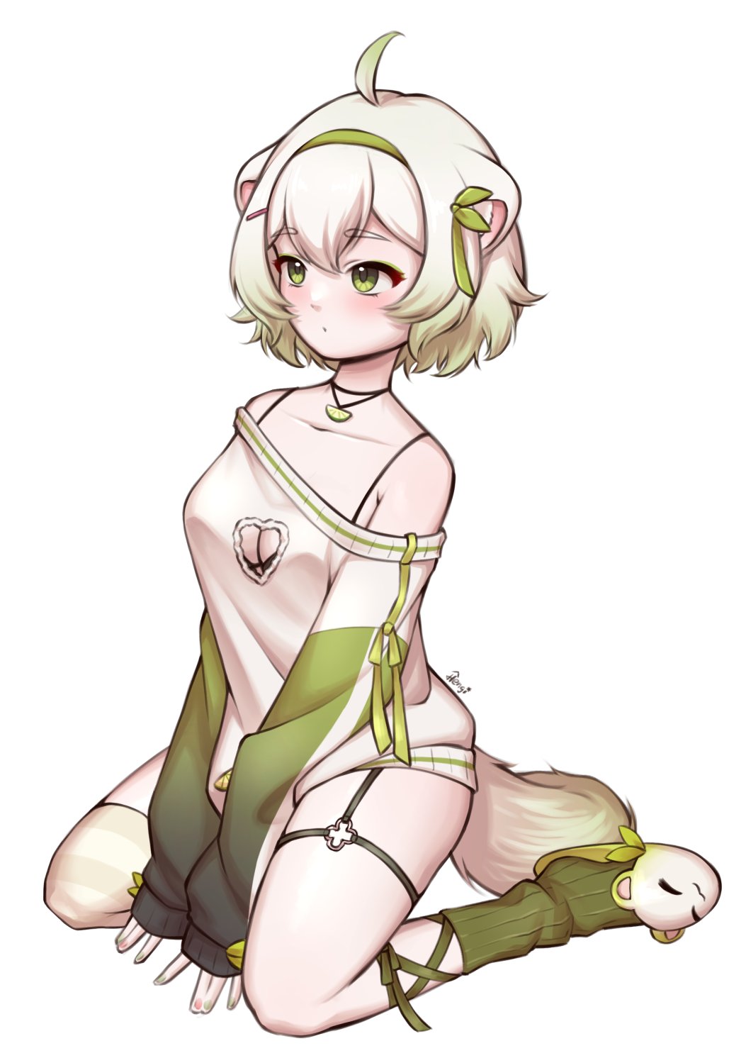 1girl, ahoge, animal_ears, animal_slippers, artist_name, asymmetrical_legwear, bare_shoulders, bob_cut, bra, bra_strap, breasts, cleavage, cleavage_cutout, clothing_cutout, ferret, ferret_ears, ferret_girl, ferret_tail, food, fruit, gradient_hair, gradient_tail, green_eyes, green_hair, green_nails, green_sweater, hengi_hengi, highres, indie_virtual_youtuber, jewelry, limealicious, leaf, lime_(fruit), lime_slice, mismatched_legwear, multicolored_hair, multicolored_tail, necklace, o-ring, o-ring_thigh_strap, pink_nails, ribbon, short_hair, signature, single_thighhigh, skindentation, slippers, socks, sweater, tail, thigh_strap, thighhighs, two-tone_hair, two-tone_tail, underwear, vinesauce, virtual_youtuber, white_hair, white_sweater, white_tail, zettai_ryouiki