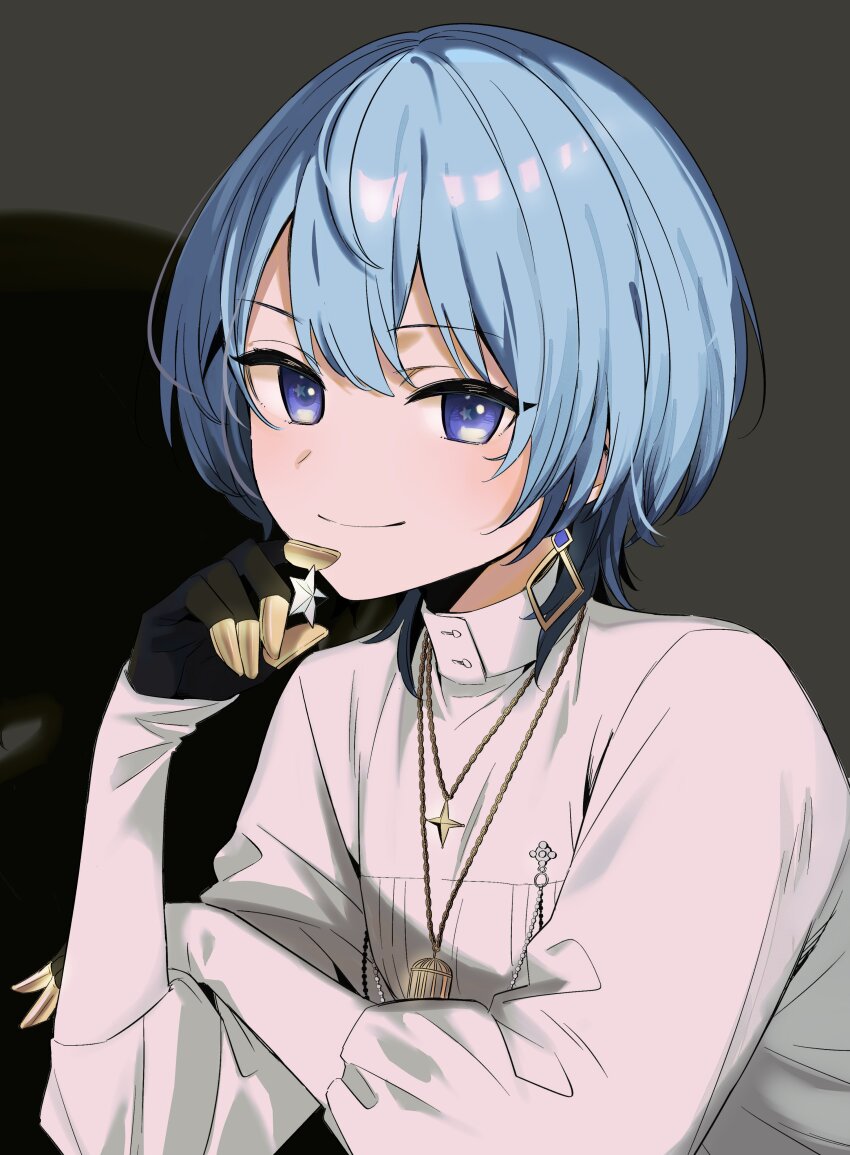 1girl, absurdres, artist_collaboration, black_gloves, blue_eyes, blue_hair, closed_mouth, commentary