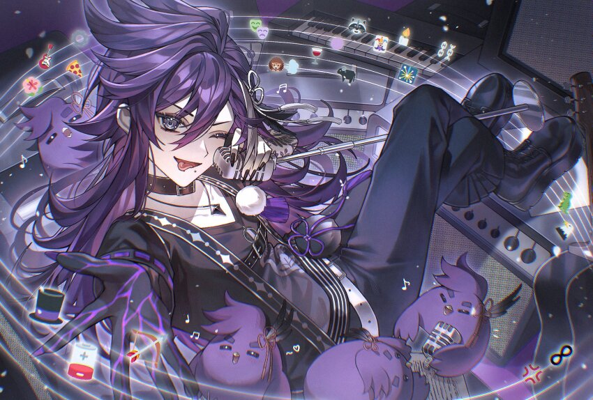 1boy, alcohol, anger_vein, arm_tattoo, arrow_(projectile), asymmetrical_hair, bald_eagle, banzoin_hakka, banzoin_hakka_(2nd_costume), battery, belt, belt_buckle, bird, birthday, black_collar, black_nails, black_pants, black_shirt, black_shoes, black_skin, bow_(weapon), buckle, bull, candle, card, chain, collar, collarbone, colored_skin, comedy_and_tragedy_masks, commentary, crossed_legs, cup, dinosaur, drinking_glass, eagle, emoji, english_commentary, eyelashes, face_piercing, feather_hair_ornament, feathers, fingernails, flower, food, from_above, gears, grey_hair, guitar, hair_between_eyes, hair_ornament, hakkito_(banzoin_hakka), hands_up, hat, heart, highres, holding, holding_microphone, holding_microphone_stand, holostars, holostars_english, infinity_symbol, instrument, jester, jewelry, keyboard_(instrument), lip_piercing, long_bangs, long_fingernails, long_hair, looking_at_viewer, looking_to_the_side, looking_up, mascot, mask, microphone, microphone_stand, monitor, multicolored_hair, multicolored_nails, music, musical_note, necklace, official_alternate_costume, official_alternate_hairstyle, one_eye_closed, open_clothes, open_mouth, open_shirt, pants, paper, pendant, piercing, pizza, pom_pom_(clothes), porcupine, purple_eyes, purple_hair, purple_nails, raccoon, reaching, reaching_towards_viewer, shirt, shoes, short_sleeves, sidelocks, singing, sitting, smile, snakebite_(piercing), solo, speaker, straight_hair, streaked_hair, tattoo, tongue, tongue_out, top_hat, tyrannosaurus_rex, virtual_youtuber, weapon, white_belt, wine, wine_glass, yu_yu_(yuyuuuu99550771)