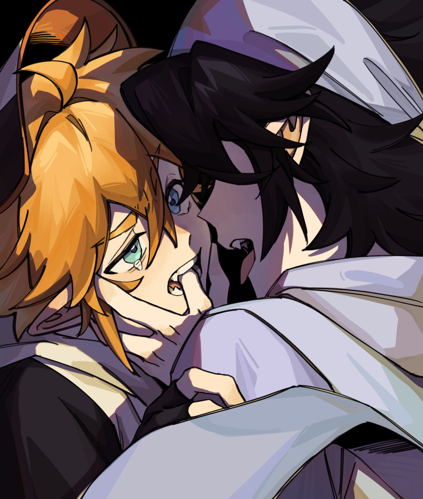 2boys, absurdres, ahoge, aotu_world, bandana, baseball_cap, black_background, black_gloves