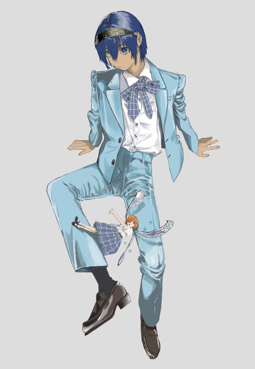 1boy, 1girl, absurdres, atlus, blue_hair, dark-skinned_male, dark_skin, fairy