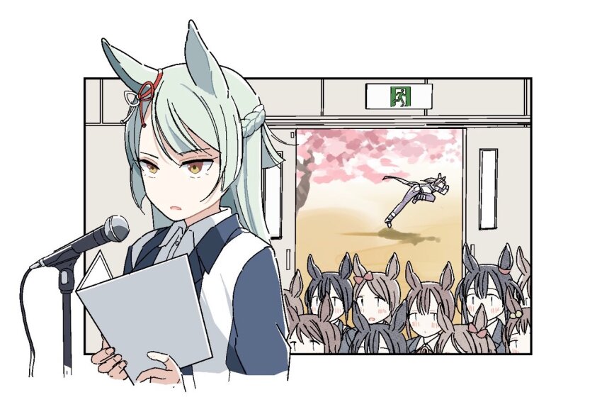 ahoge, animal_ears, aqua_hair, black_hair, brown_eyes, brown_hair, commentary, ear_ornament