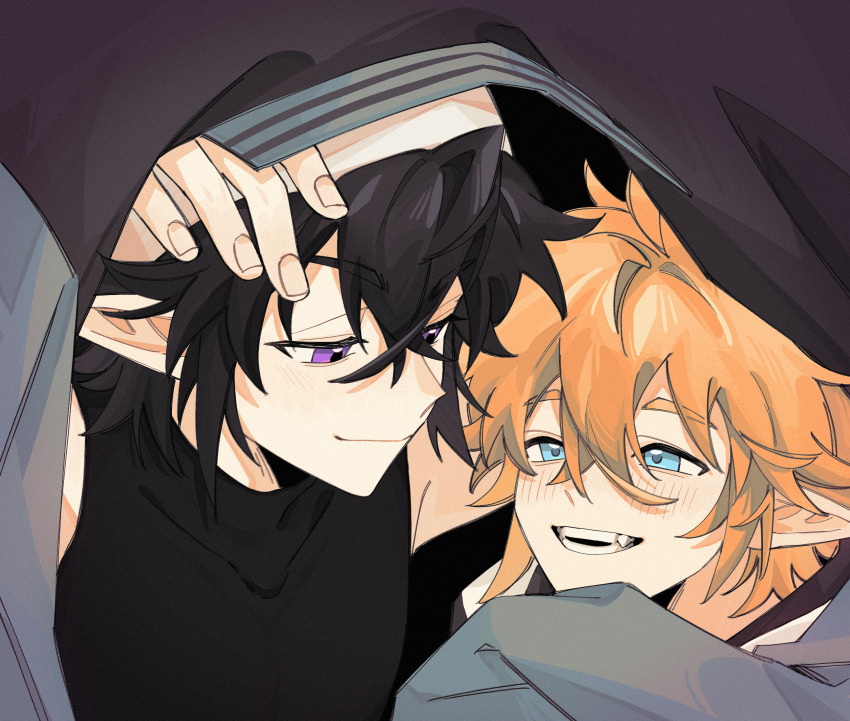 2boys, aotu_world, black_hair, black_shirt, blonde_hair, blue_eyes, blush, closed_mouth