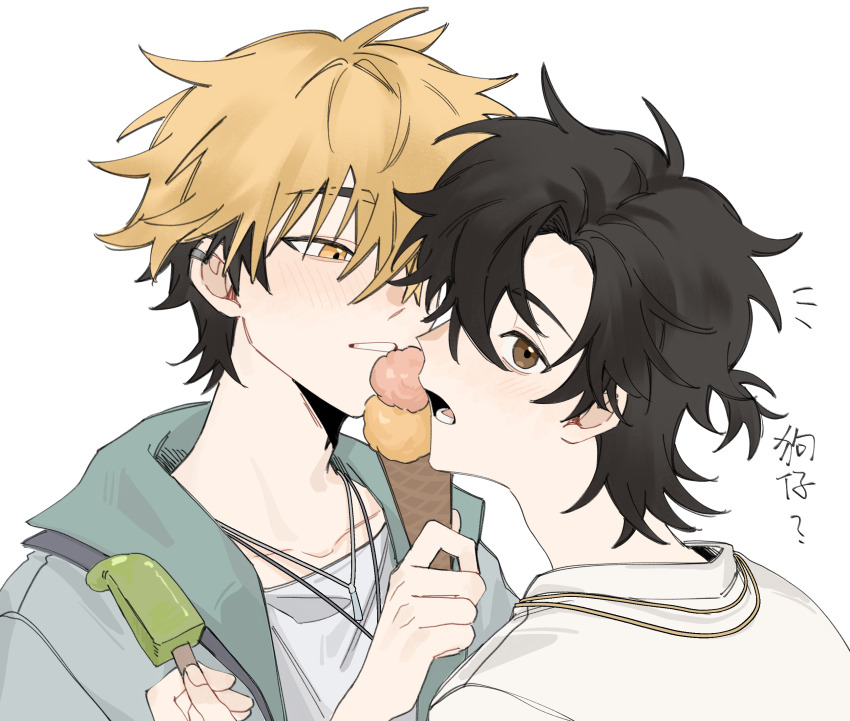 2boys, alternate_costume, aqua_jacket, black_hair, blonde_hair, blush, brown_eyes, cheng_xiaoshi