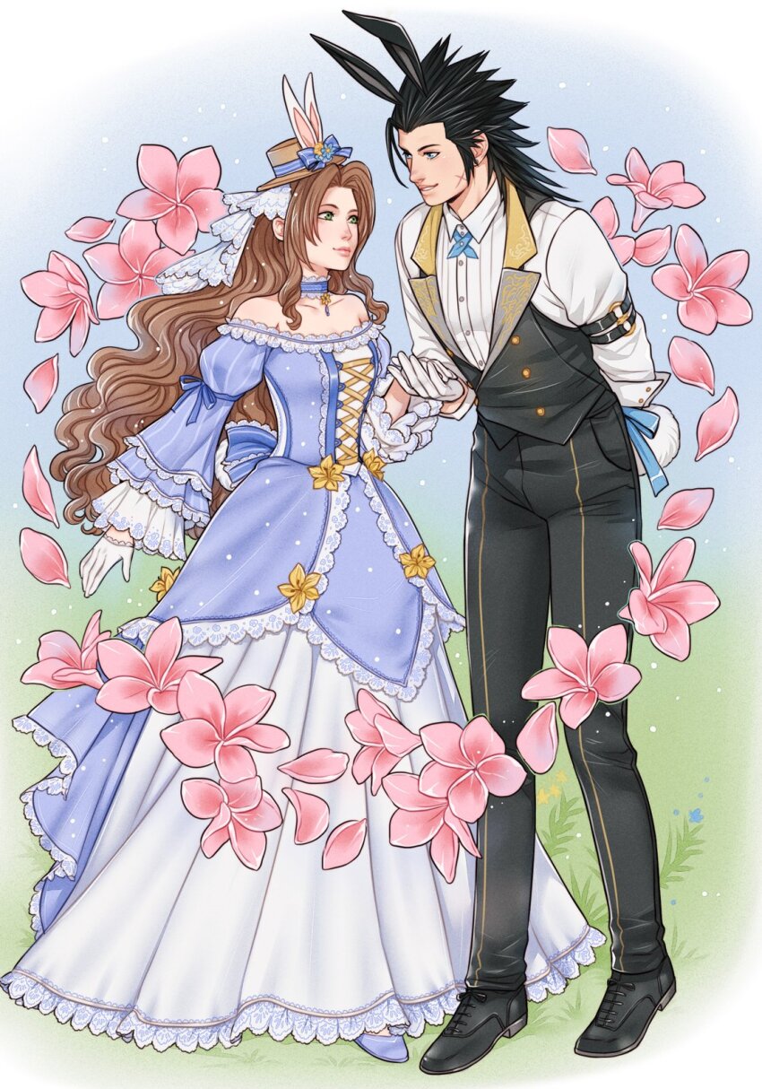 1boy, 1girl, aerith_gainsborough, aerith_gainsborough_(classic_coney), animal_ears, arm_behind_back, arm_ribbon, bare_shoulders