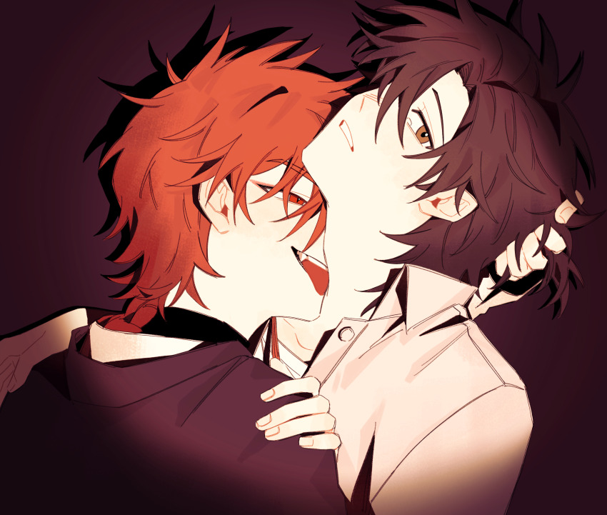 2boys, black_hair, black_shirt, blush, brown_eyes, cheng_xiaoshi, chinese_commentary, collared_shirt, fang, grabbing_another's_hair, hair_over_one_eye, hand_in_another's_hair, hand_on_another's_shoulder, heqing45184, highres, holding_another's_hair, hug, licking, licking_another's_neck, looking_at_viewer, male_focus, multiple_boys, open_mouth, parted_lips, red_eyes, red_hair, shiguang_dailiren, shirt, short_hair, simple_background, smile, teeth, tongue, tongue_out, turtleneck, upper_body, white_shirt, xiao_weiying, yaoi