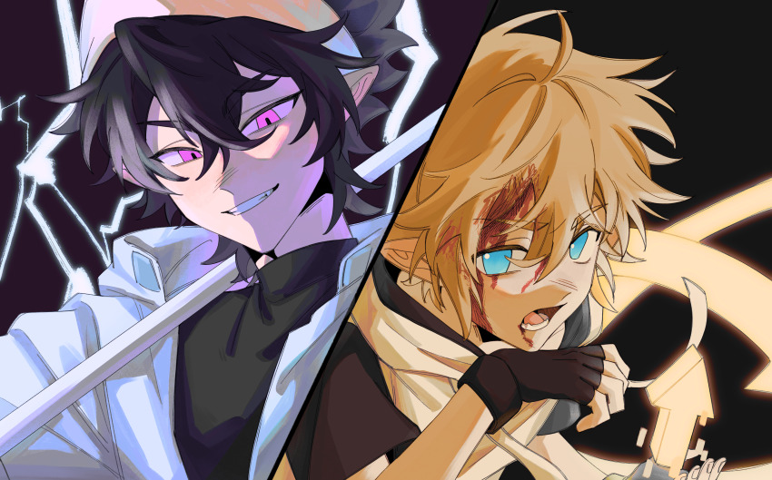 2boys, absurdres, aotu_world, bandana, battle, black_background, black_gloves, black_hair