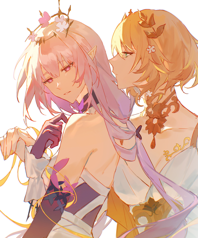 2girls, aglaea_(honkai:_star_rail), aqua_eyes, black_tiara, blonde_hair, castorice_(honkai:_star_rail), chest_tattoo, commentary, from_side, gloves, honkai:_star_rail, honkai_(series), long_hair, low-tied_long_hair, multiple_girls, muya_(77muya), parted_lips, pointy_ears, purple_eyes, purple_gloves, purple_hair, short_hair, tattoo, tiara, yellow_nails