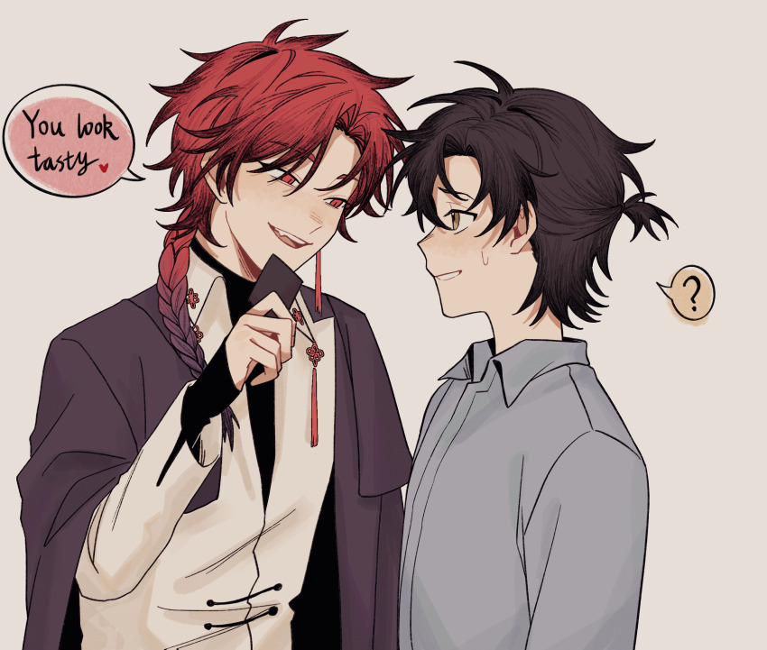 2boys, ?, black_hair, black_jacket, black_shirt, blue_shirt, blush, braid, braided_ponytail, brown_eyes, card, cheng_xiaoshi, cheng_xiaoshi_(bridon), chinese_commentary, collared_shirt, earrings, english_text, eye_contact, fang, grey_background, heart, heqing45184, highres, holding, holding_card, jacket, jacket_on_shoulders, jewelry, long_hair, long_sleeves, looking_at_another, male_focus, multiple_boys, official_alternate_costume, open_mouth, ponytail, red_eyes, red_hair, shiguang_dailiren, shirt, short_hair, short_ponytail, simple_background, single_braid, smile, speech_bubble, spoken_question_mark, sweat, sweatdrop, tassel, tassel_earrings, teeth, turtleneck, upper_body, white_shirt, xiao_weiying, yaoi