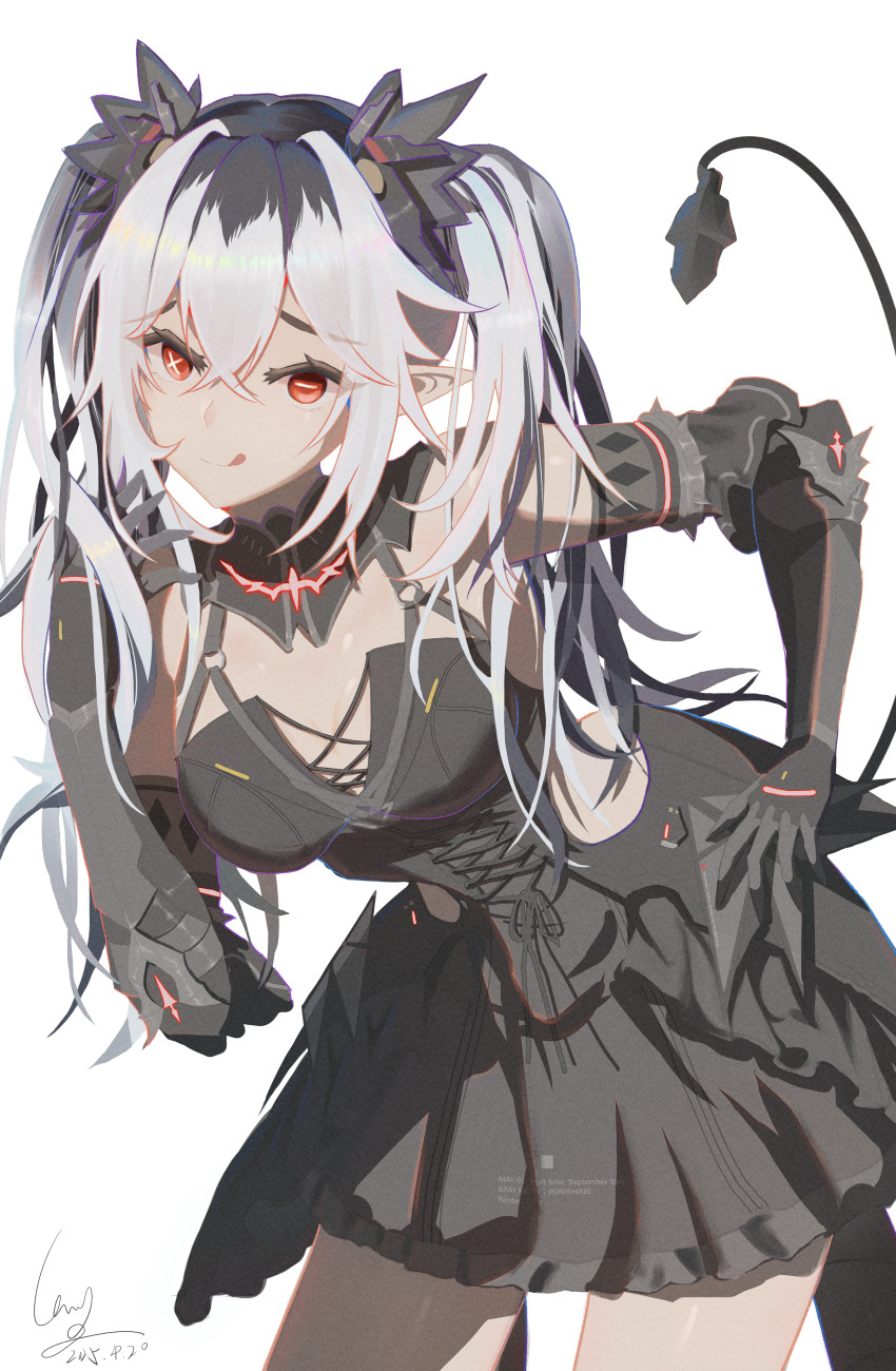 1girl, absurdres, black_dress, breasts, cleavage, closed_mouth, dated, demon_tail