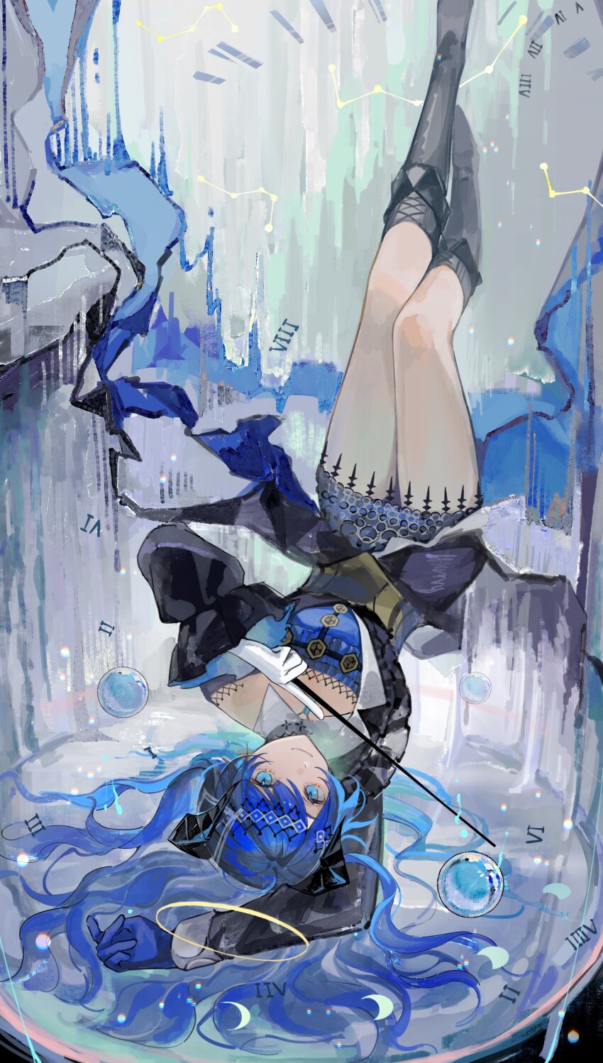 1girl, absurdres, arknights, asymmetrical_gloves, black_boots, black_dress, black_horns, blue_dress