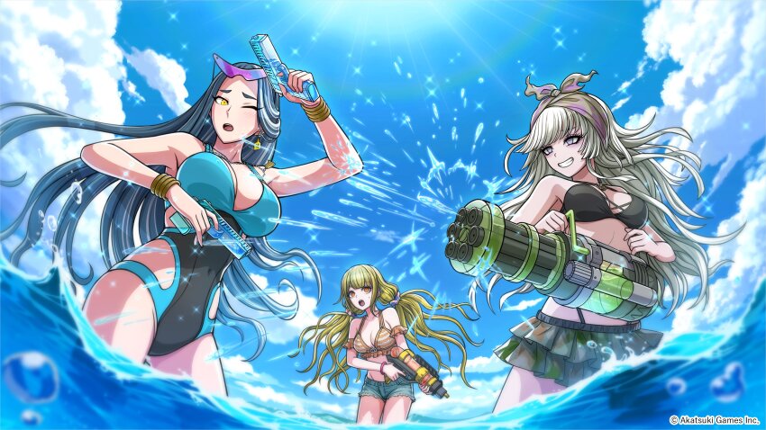 3girls, absurdres, arisugawa_saori, artist_request, bikini, bikini_skirt, black_bikini, blonde_hair