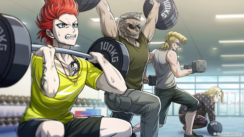 4boys, absurdres, arm_tattoo, arms_up, artist_request, beard, black_jacket, black_pants, black_shorts, blonde_hair, blue_eyes, chest_tattoo, clenched_teeth, copyright_notice, dumbbell, exercising, facial_hair, fat, fat_man, fitness_gym, green_shirt, green_shorts, grey_hair, grey_pants, grey_shirt, highres, indoors, jacket, jewelry, male_focus, medium_hair, multiple_boys, muscular, muscular_male, necklace, object_through_head, official_art, pants, polka_dot, polka_dot_jacket, polka_dot_pants, pompadour, print_shirt, red_hair, saigo_roku, screw_in_head, shirt, short_hair, shorts, sleeveless, sleeveless_shirt, squatting, sunglasses, sweat, taiga_(tribe_nine), tatsunuma_tatsuto, tattoo, teeth, todoroki_eiji_(tribe_nine), tribe_nine, weightlifting, yellow_shirt