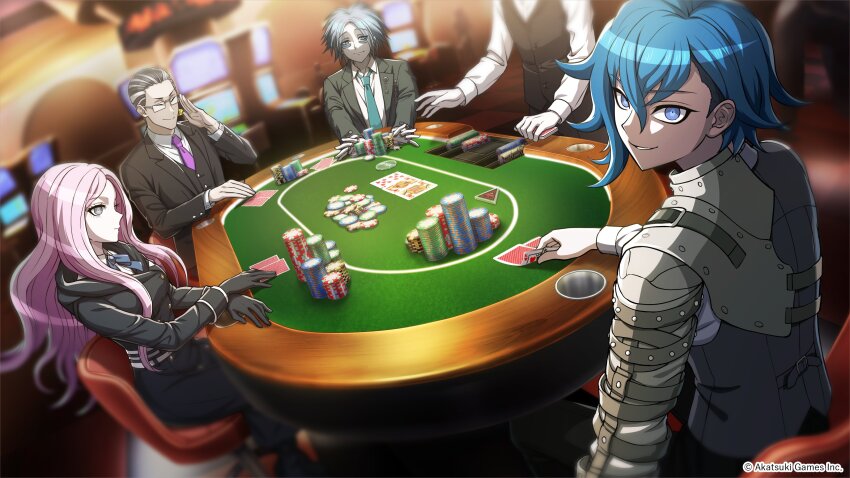 1girl, 3boys, absurdres, adjusting_eyewear, aoyama_kazuki, aqua_necktie, artist_request, black_coat