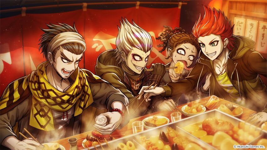 4boys, absurdres, alcohol, artist_request, asahikawa_kai, bead_bracelet, beads, beard_stubble