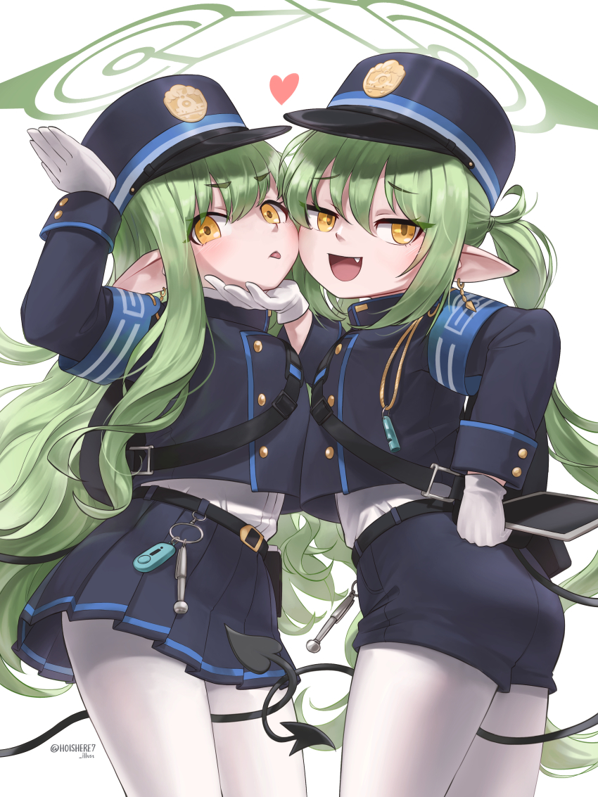 2girls, :d, absurdres, arm_up, armband, ass, black_tail, blue_archive, blue_armband, buttons, commentary_request, cowboy_shot, demon_tail, double-breasted, earrings, fang, gloves, green_hair, green_halo, halo, hand_on_another's_chin, hand_on_own_hip, hat, heart, highres, hikari_(blue_archive), hoishere7, holding, holding_tablet_pc, jewelry, loli, long_hair, long_sleeves, looking_at_viewer, multiple_girls, nozomi_(blue_archive), open_mouth, pantyhose, peaked_cap, pointy_ears, siblings, sidelocks, simple_background, sisters, smile, tablet_pc, tail, tongue, tongue_out, twins, twintails, twitter_username, white_background, white_gloves, white_pantyhose, yellow_eyes