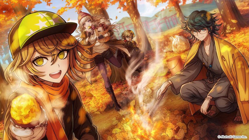 1girl, 3boys, absurdres, artist_request, autumn, autumn_leaves, bag, baseball_cap, beanie, black_boots, black_gloves, black_jacket, black_shorts, blonde_hair, blue_eyes, blue_hair, blush, boots, brown_hair, burning, copyright_notice, crumbs, eating, falling_leaves, fingerless_gloves, food, glasses, gloves, green_eyes, green_hat, grey_hair, grey_kimono, grey_pants, haneda_kiyoshiro, haori, hat, highres, holding, holding_bag, holding_food, jacket, japanese_clothes, jewelry, kimono, leaf, leaf_pile, long_hair, looking_at_viewer, mole, mole_under_eye, mountainous_horizon, multiple_boys, necklace, official_art, orange_scarf, outdoors, pants, pantyhose, paper_bag, purple_hat, purple_pantyhose, purple_scarf, red_scarf, sandals, scarf, shirokane_haru, shirt, short_hair, shorts, sky, smile, smoke, smoke_trail, steaming_food, sweet_potato, teeth, torn_clothes, torn_shirt, trash_bag, tree, tribe_nine, ueno_yajirobe, white_gloves, white_shirt, yellow_haori, yukigaya_enoki