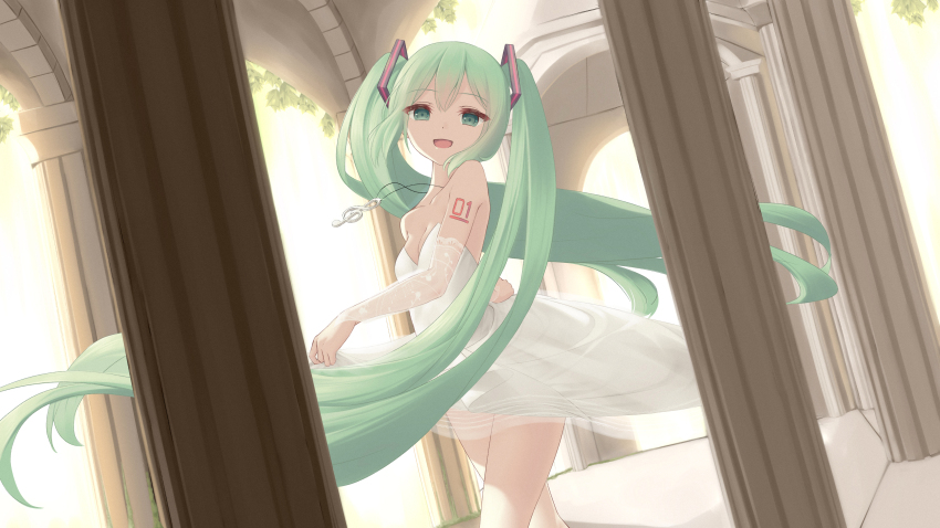 1girl, absurdres, alternate_costume, aqua_eyes, aqua_hair, architecture, breasts, bridal_gauntlets