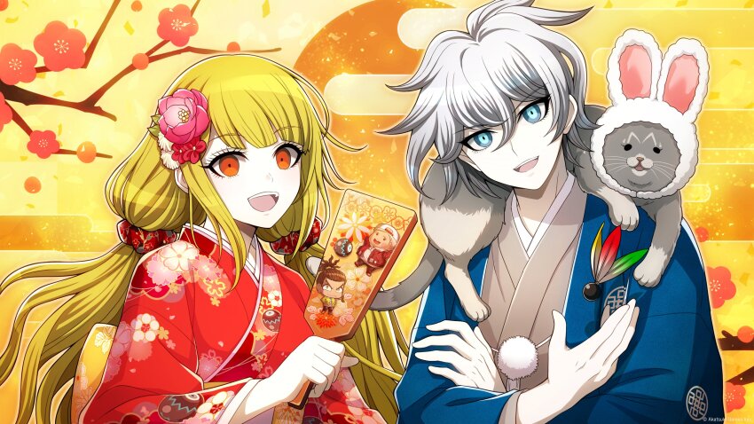 1boy, 1girl, absurdres, animal, animal_on_shoulder, arisugawa_saori, artist_request, blonde_hair, blue_eyes, blue_haori, branch, cat, copyright_notice, crossed_arms, flower, grey_hair, grey_kimono, hair_between_eyes, hair_flower, hair_ornament, hair_scrunchie, haori, highres, japanese_clothes, kamiya_shun, kimono, long_hair, looking_at_viewer, low_twintails, nekomaru_(tribe_nine), obi, official_art, orange_eyes, outer_glow, red_kimono, sash, scrunchie, short_hair, smile, teeth, tribe_nine, twintails, upper_body, upper_teeth_only