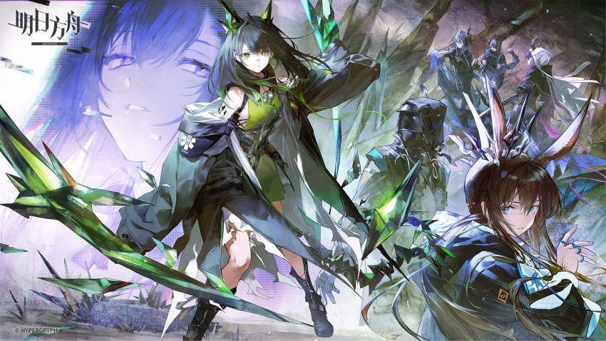 1boy, 1other, 4girls, ambiguous_gender, amiya_(arknights), amiya_(medic)_(arknights), animal_ears, arknights