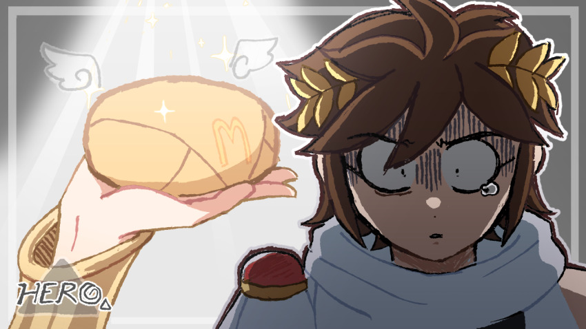 1boy, 1girl, artist_logo, brown_hair, burger, food, kaze_n0_takuto, kid_icarus