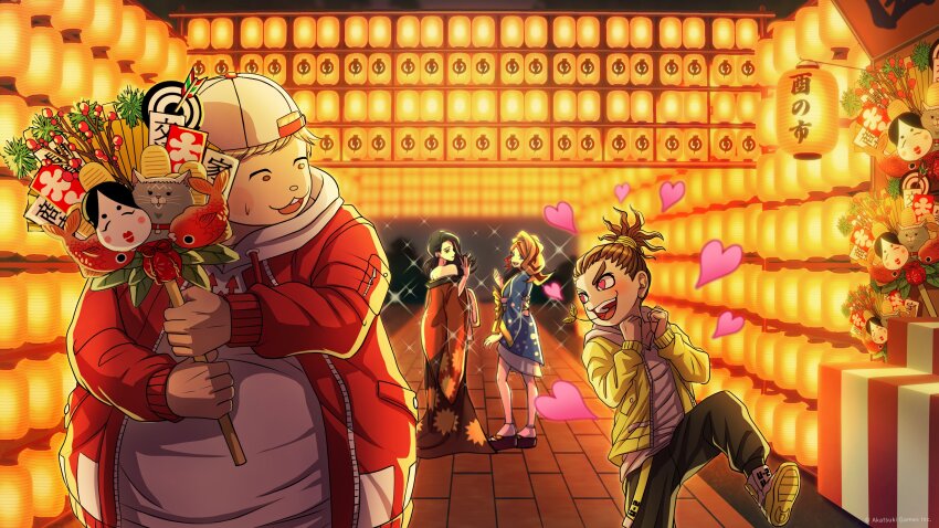 2boys, 2girls, :3, absurdres, artist_request, backwards_hat, baseball_cap, black_hair, black_pants, blonde_hair, blue_kimono, blush, brown_hair, copyright_notice, daimon_manami, drawstring, dreadlocks, fat, fat_man, hat, heart, heart-shaped_eyes, highres, holding, hood, hoodie, jacket, japanese_clothes, kimono, lantern, medium_hair, mita_santarou, mouth_hold, multicolored_hair, multiple_boys, multiple_girls, obi, official_art, open_clothes, open_jacket, outdoors, pants, red_jacket, red_kimono, sash, shoes, short_hair, smile, sparkle, stalk_in_mouth, streaked_hair, teeth, thick_eyebrows, tribe_nine, updo, white_hoodie, yellow_jacket, yellow_shoes