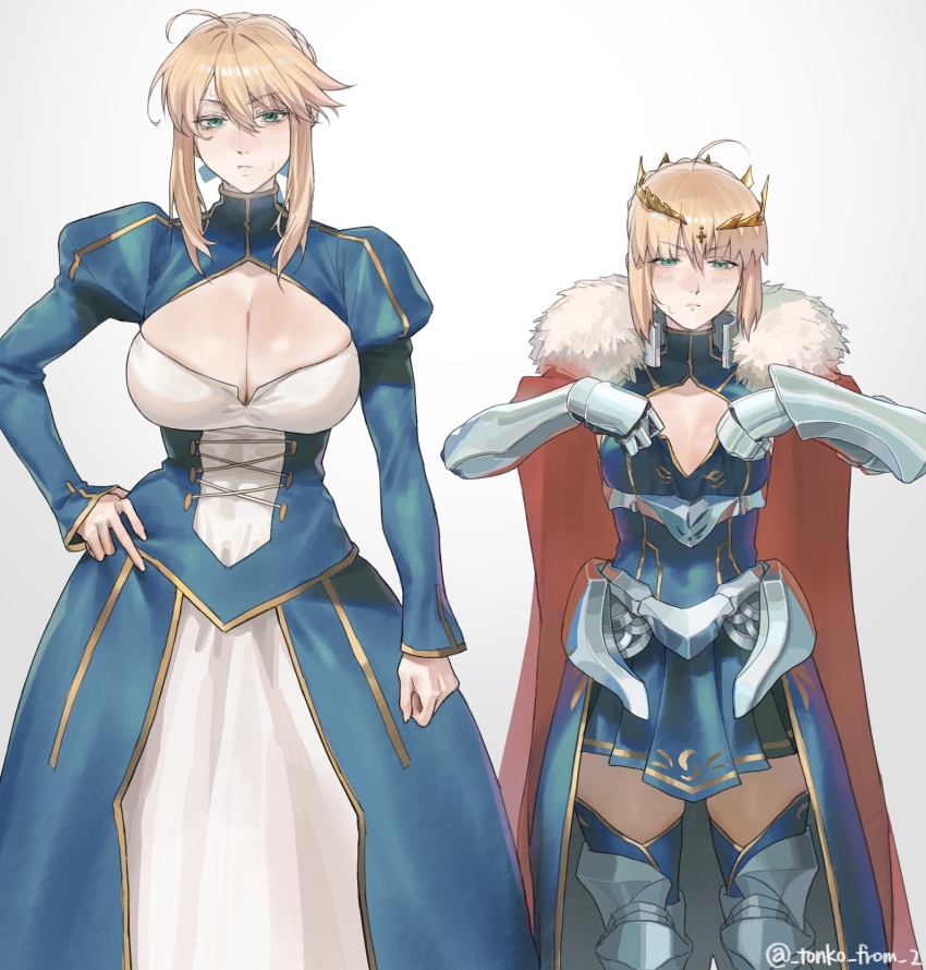 2girls, age_difference, ahoge, armor, artoria_pendragon_(fate), artoria_pendragon_(lancer)_(fate), artoria_pendragon_(lancer)_(fate)_(cosplay), artoria_pendragon_(lancer)_(third_ascension)_(fate)