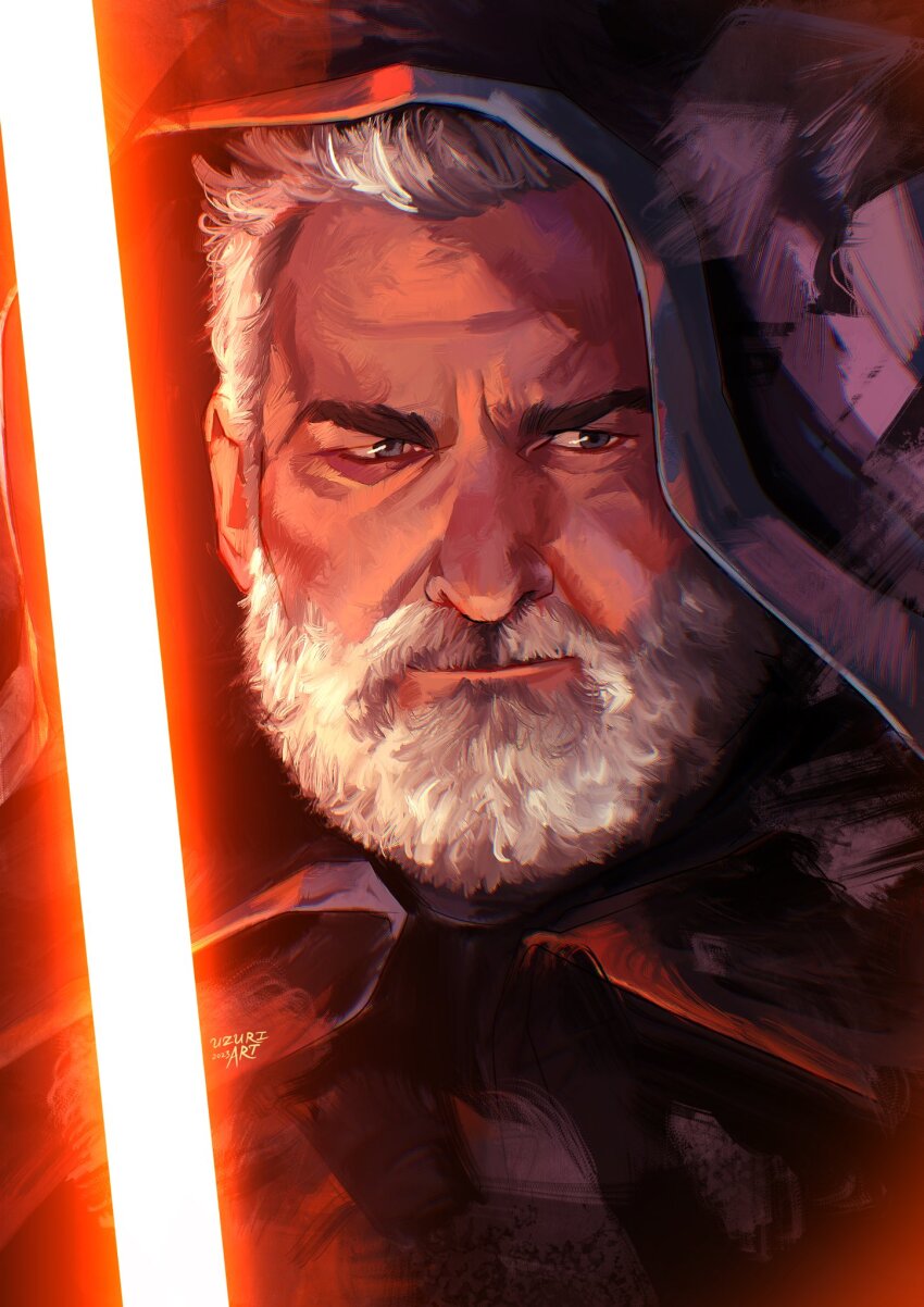 1boy, baylan_skoll, beard, black_hood, blue_eyes, energy_sword, facial_hair, highres