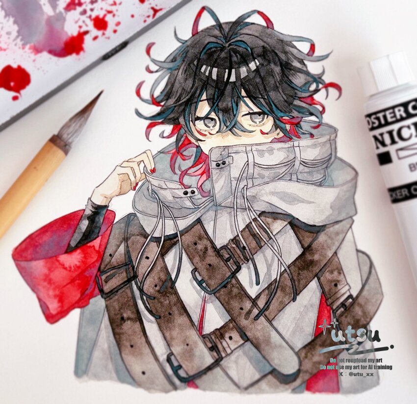 1boy, black_hair, cloak, colored_tips, curly_hair, dante_alighieri_(fate), dante_alighieri_(first_ascension)_(fate), fate/grand_order, fate_(series), grey_eyes, high_collar, highres, jacket, male_focus, medium_hair, multicolored_hair, painting_(medium), red_hair, red_nails, shirt, solo, traditional_media, two-tone_hair, utsu_(utu_xx), watercolor_(medium)