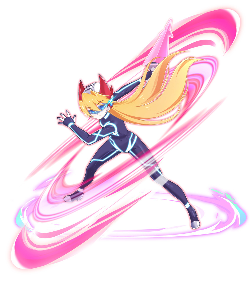 1girl, absurdres, aizeis, alternate_costume, alternate_hairstyle, attack_trail, belt, blonde_hair, blue_eyes, bodystocking, boots, breasts, chest_jewel, ciel_(mega_man), closed_mouth, commission, commissioner_upload, energy_sword, eyelashes, fake_horns, forehead_jewel, full_body, gauntlets, gloves, helmet, highres, holding, holding_weapon, horned_helmet, horns, knee_boots, knee_pads, long_hair, looking_at_viewer, mechanical_ears, mega_man_(series), mega_man_zero_(series), mega_man_zx, model_o_(mega_man), no_armor, non-web_source, petite, shorts, small_breasts, solo, standing, sword, transparent_background, weapon