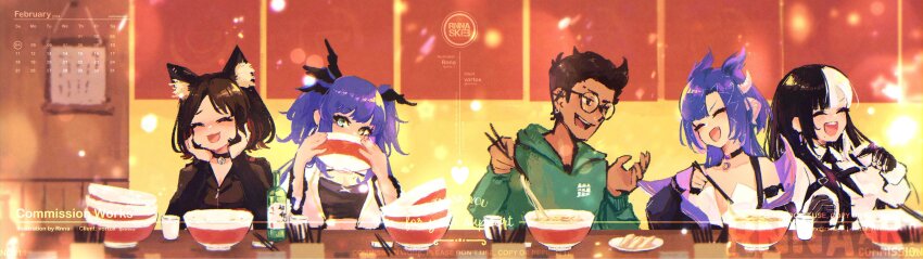 1boy, 4girls, absurdres, animal_ear_fluff, animal_ears, artist_name, black_choker, black_hair