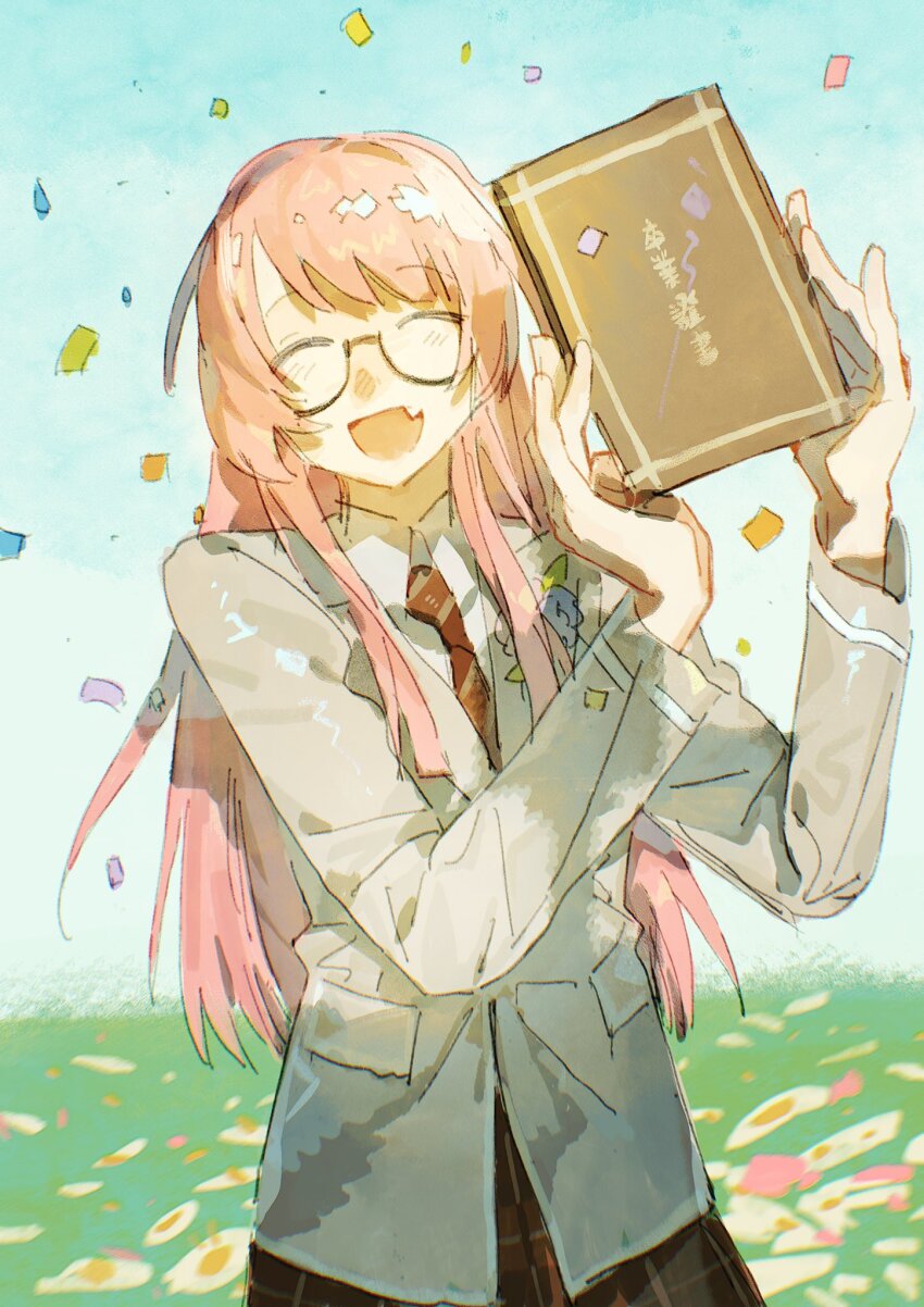 1girl, :d, ^_^, bang_dream!, bang_dream!_it's_mygo!!!!!, blazer, blue_flower, blue_sky, brown_necktie, brown_skirt, chihaya_anon, closed_eyes, collared_shirt, commentary, confetti, corsage, cowboy_shot, diagonal-striped_clothes, diagonal-striped_necktie, diploma, diploma_folder, facing_viewer, fang, flower, glasses, graduation, grass, grey_jacket, hands_up, haneoka_school_uniform, highres, holding, holding_diploma, jacket, leaf, light_blush, long_hair, long_sleeves, necktie, open_mouth, pink_hair, plaid_clothes, plaid_skirt, pocket, school_uniform, semi-rimless_eyewear, shirt, skirt, sky, smile, solo, striped_clothes, striped_necktie, swept_bangs, translated, white_shirt, xianzhaosketch