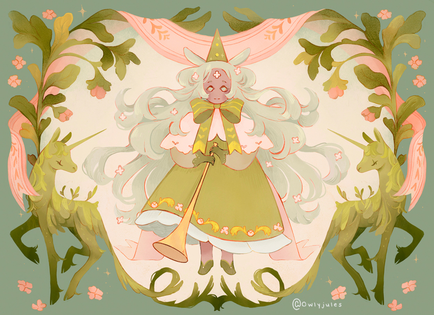 1girl, animal, artist_name, bow, commentary, creature, dress, english_commentary, flower, full_body, golden_trumpet, green_background, green_dress, green_eyes, green_hair, green_shoes, green_theme, holding, holding_instrument, holding_trumpet, horse, instrument, long_hair, original, owlyjules, plant, pointy_hat, procreate_(medium), shoes, signature, trumpet, very_long_hair