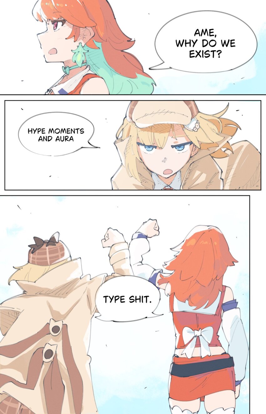 2girls, aqua_hair, arm_bump, brown_coat, coat, commentary, deerstalker, detached_sleeves