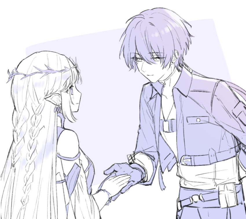 1boy, 1girl, akasaki_aimu, black_gloves, black_hair, black_jacket, black_pants, blush, cartethyia_(wuthering_waves), commentary, earrings, gloves, hand_up, holding, jacket, jewelry, laurel_crown, light_blush, long_hair, male_rover_(wuthering_waves), necklace, offering_hand_to_another, open_clothes, open_jacket, pants, pointy_ears, rover_(wuthering_waves), shirt, two-tone_background, wuthering_waves