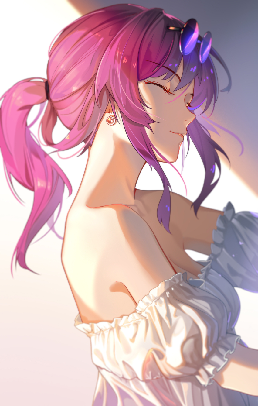 1girl, ^_^, absurdres, alternate_costume, bare_shoulders, breasts, cleavage, closed_eyes