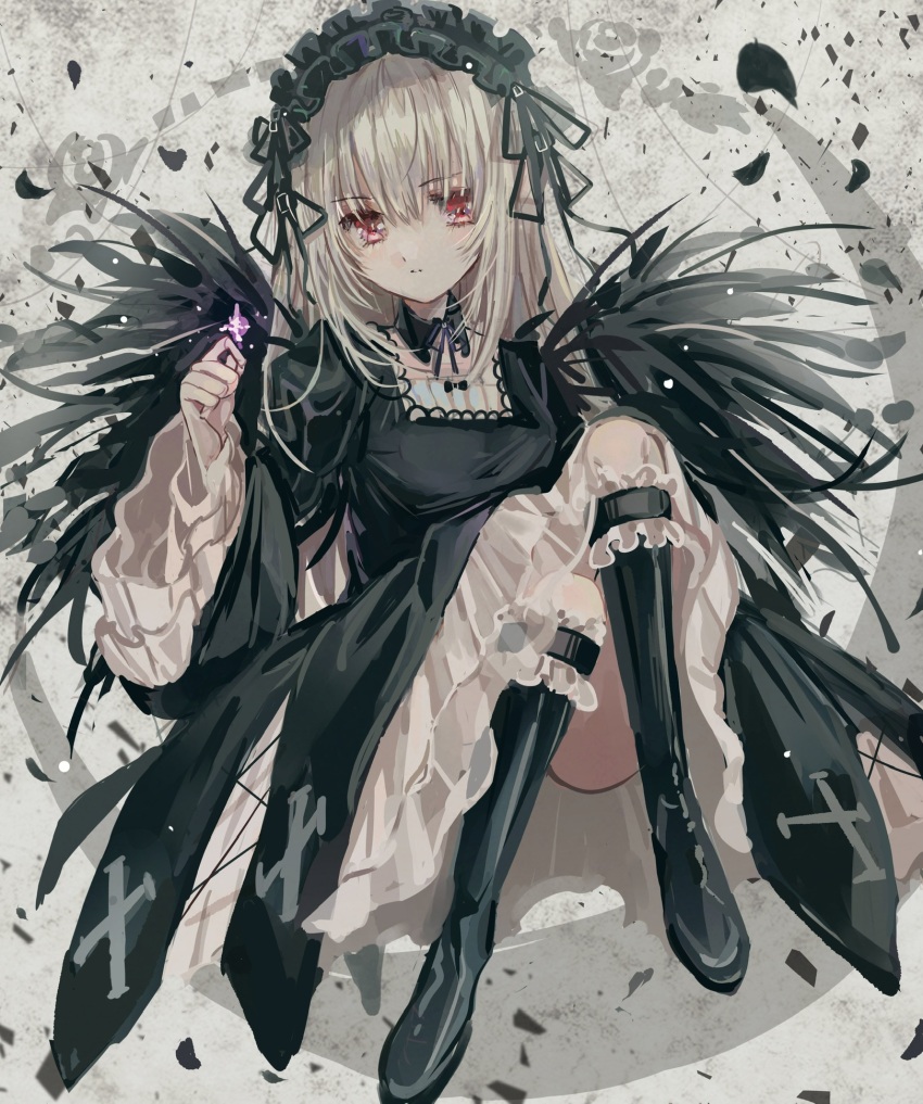 1girl, black_boots, black_collar, black_dress, black_hairband, black_wings, boots, breasts, closed_mouth, collar, commentary_request, detached_collar, dress, feathered_wings, frilled_sleeves, frills, full_body, gothic_lolita, grey_hair, hairband, highres, huwarinn99, knee_boots, lolita_fashion, lolita_hairband, long_hair, long_sleeves, looking_at_viewer, magic, red_eyes, rozen_maiden, solo, suigintou, wide_sleeves, wings