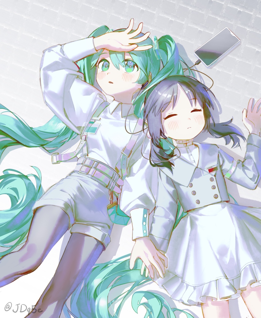 2girls, absurdres, alternate_costume, aqua_eyes, aqua_hair, belt, black_pantyhose, blush